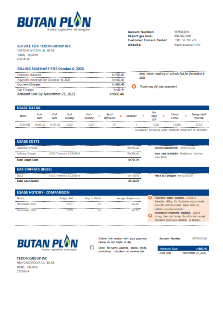 BUTAN PLIN d.o.o. gas utility business bill,  SCR PSD template